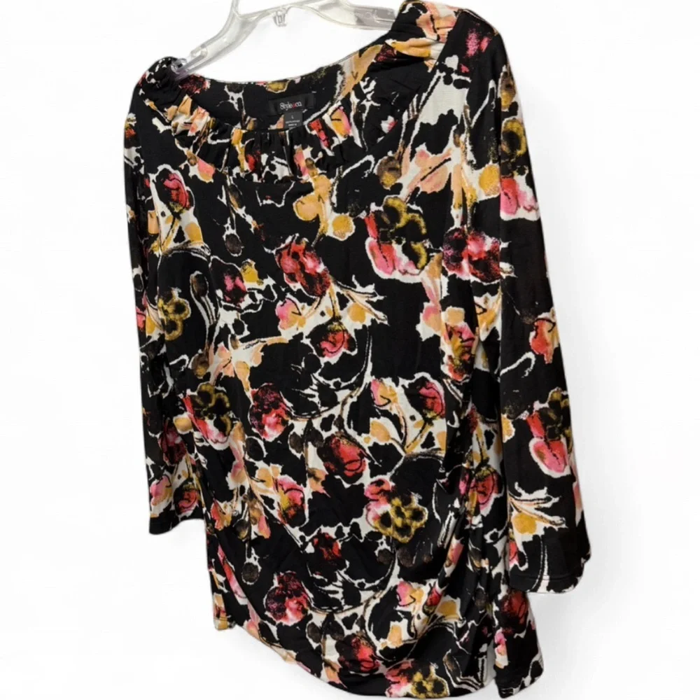 Style & Co. Women's Top Size L Black Floral Ruched 3/4 Sleeve Blouse 100% Nylon - Picture 6 of 7